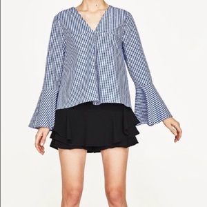 Zara Blue and White Bell Sleeve Gingham Top